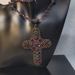Beautiful Sweet Romance Goth Style Cross Necklace With Red, Blue & Orange Stones